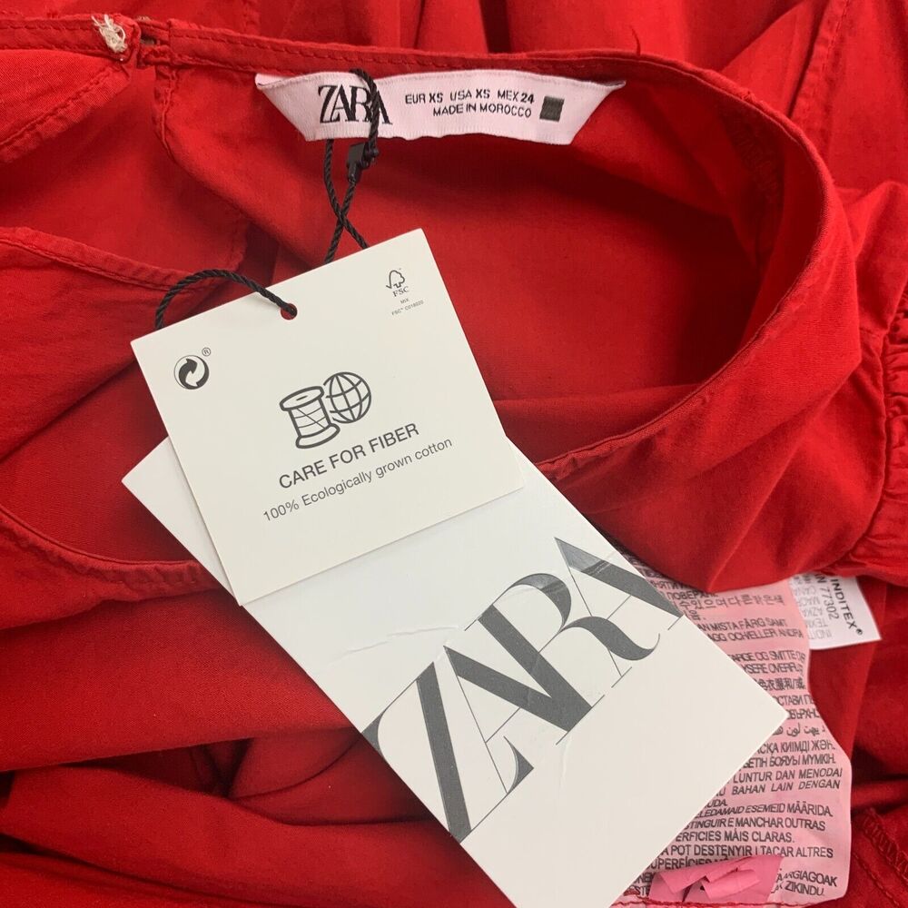 Zara Cut Out Polin Dress Womens XS Extra Small Red Midi Puff Sleeves Cinch Waist - Picture 13 of 16